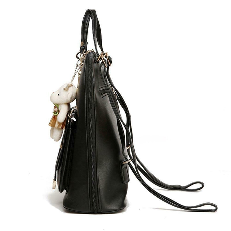 Women Student Preppy Style Cute Bear Pendant Bookbag Backpack(Black)