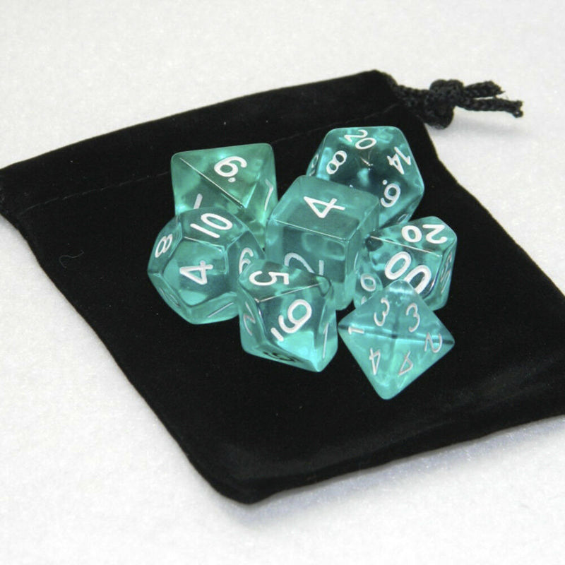 7 Pcs Polyhedral Set Cloud Drop Translucent Teal RPG DnD With Dice Bag Game Set