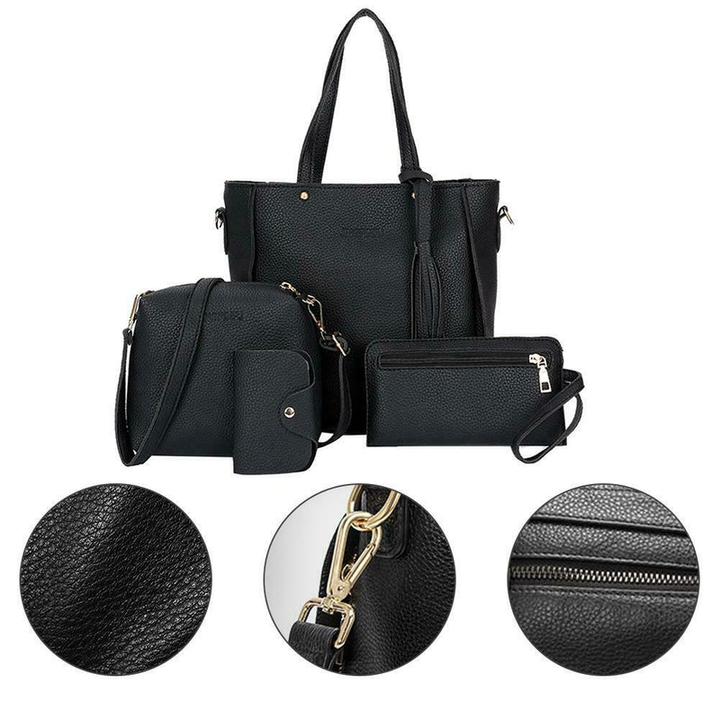 4pcs/Set Lichi Leather Tassels Women Tote Shoulder Clutch Card Bags (Black) A