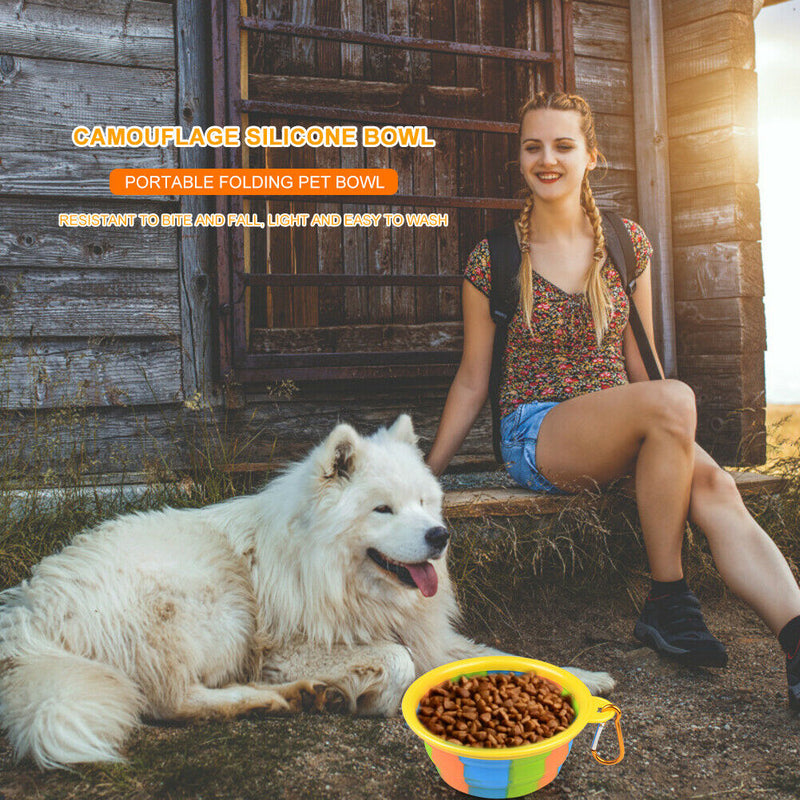 Dog Silicone Bowl Folding Outdoor Portable Pet Food Feeder Dish (Yellow) A