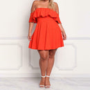 Plus Size Off Shoulder Boat Neck Women Dress Frill Pure Color Dresses (XL) A