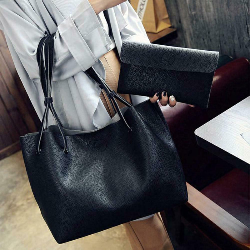 2pcs/set Women Handbag PU Clutch Sling Bag Shoulder Top-handle Bags (Black) A