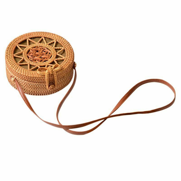 Woven Rattan Bag Round Straw Shoulder Bag Small Beach Handbags Women Summer B2R7
