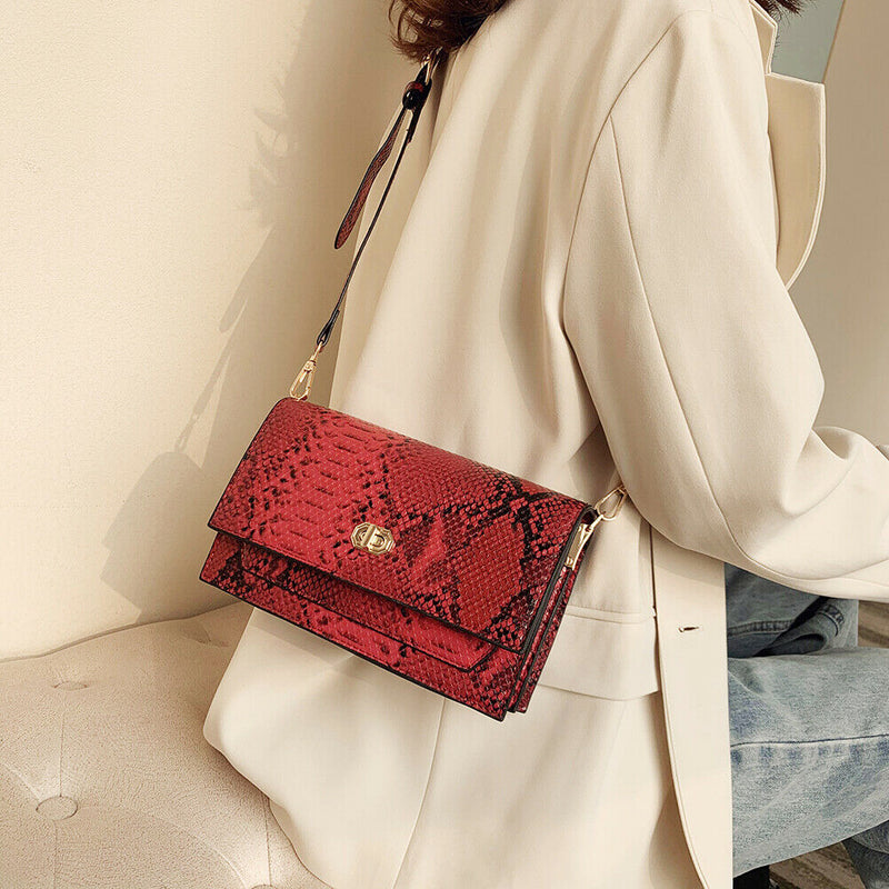 Serpentine Women Shoulder Bag Leather Flap Square Crossbody Handbags (Red)
