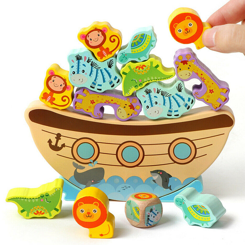 Wooden Animals Stacking Blocks Balancing Boat Games Playset For Toddler Baby