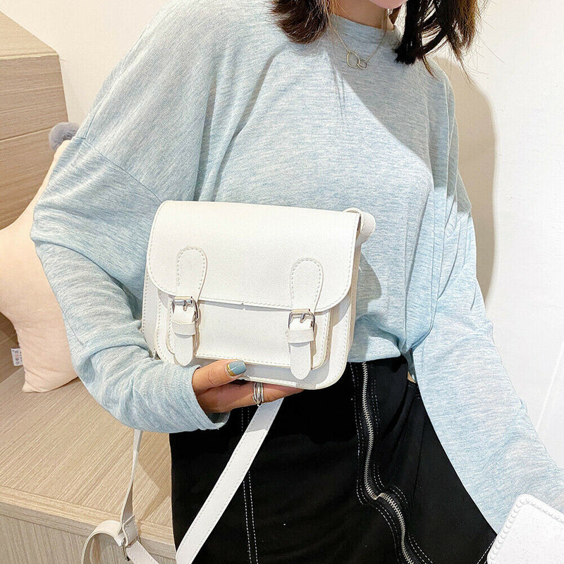 Hit Color Women Crossbody Bag Belt Buckle PU Mini Shoulder Pouch (White)