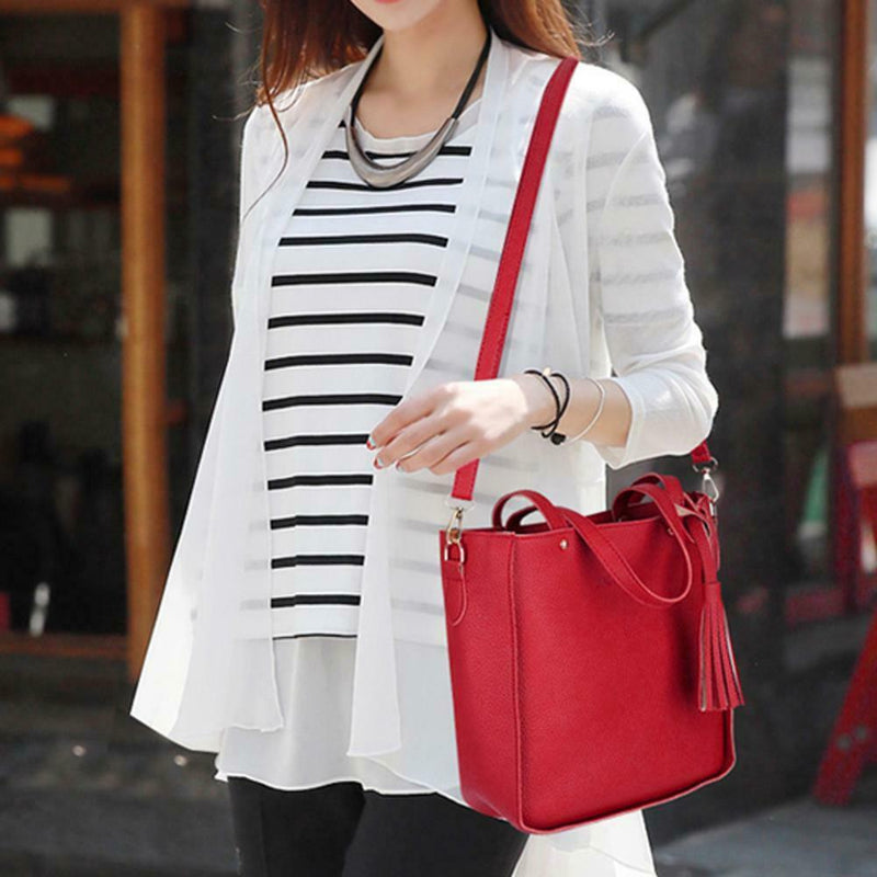 4pcs/Set Lichi Leather Tassels Women Tote Shoulder Clutch Card Bags (Red)