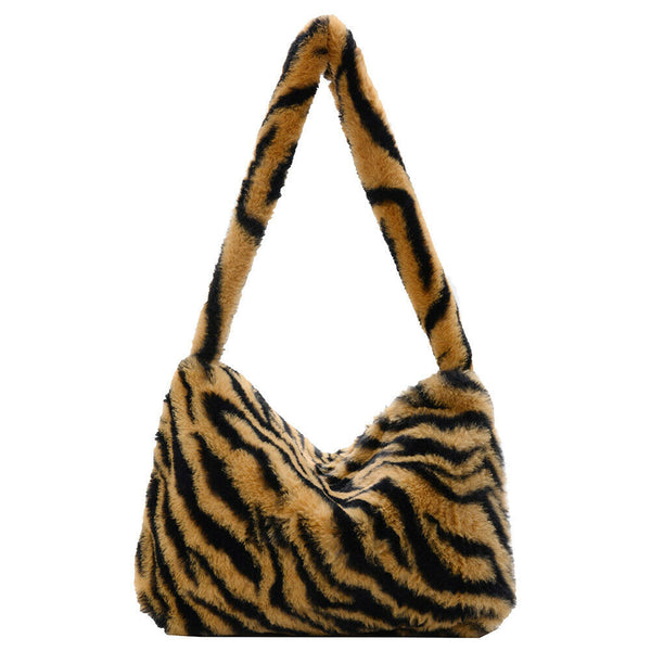 Animal Pattern Shoulder Underarm Bag Women Plush Top-handle Handbag (3)
