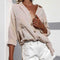 Long Sleeve Blouse Women Turn Down Collar Plain Cardigan Tops (Khaki XL) A#S