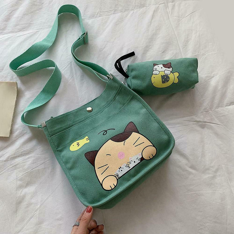 2pcs/set Women Canvas Cat Print Shoulder Crossbody Handbags Pen Bag (Green)
