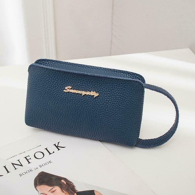 Women Handbag Leather Solid Color Money Purse Wrist Pocket Clutch (Blue)