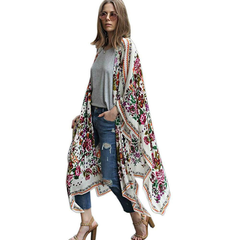 Women Chiffon Kimono Cardigan Floral Print Asymmetric Boho Loose Outerwear A