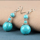 National Style Retro Female Models Turquoise Earrings Simple Spherical Blue T7O5