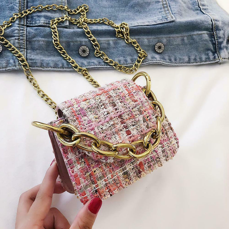 Women Woolen Messenger Shoulder Bags Mini Totes Flap Chain Handbag (Pink)