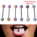 10PCS/Set Steel Colorful Barbell Tongue  Bars Rings Body Piercing Jewelry 14G TE