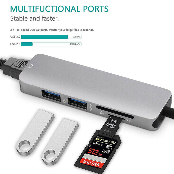 USB C Hub Multiport Adapter 5 in 1 Portable Dongle with HDMI 2 USB 3.0 Ports