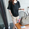 Women Bottom T-Shirt Solid Color Half Sleeve O-neck Tee Shirt (Black M)