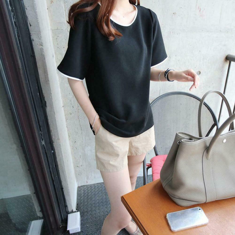 Women Bottom T-Shirt Solid Color Half Sleeve O-neck Tee Shirt (Black M)