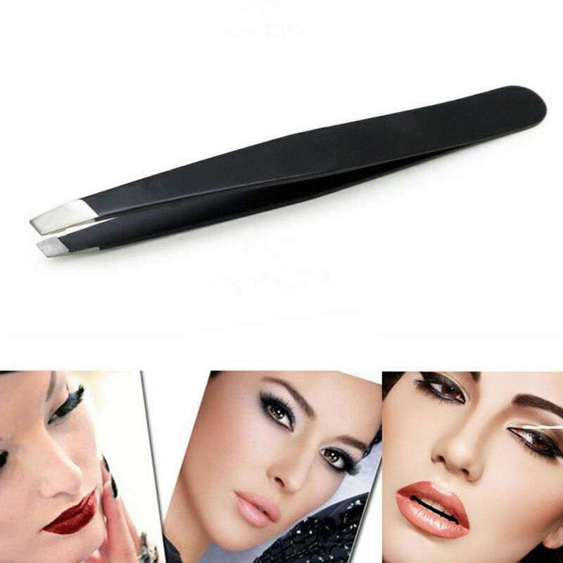 Professional Black Eyebrow Tweezers Hair Beauty Slanted Pro. Steel Stainles U2X0