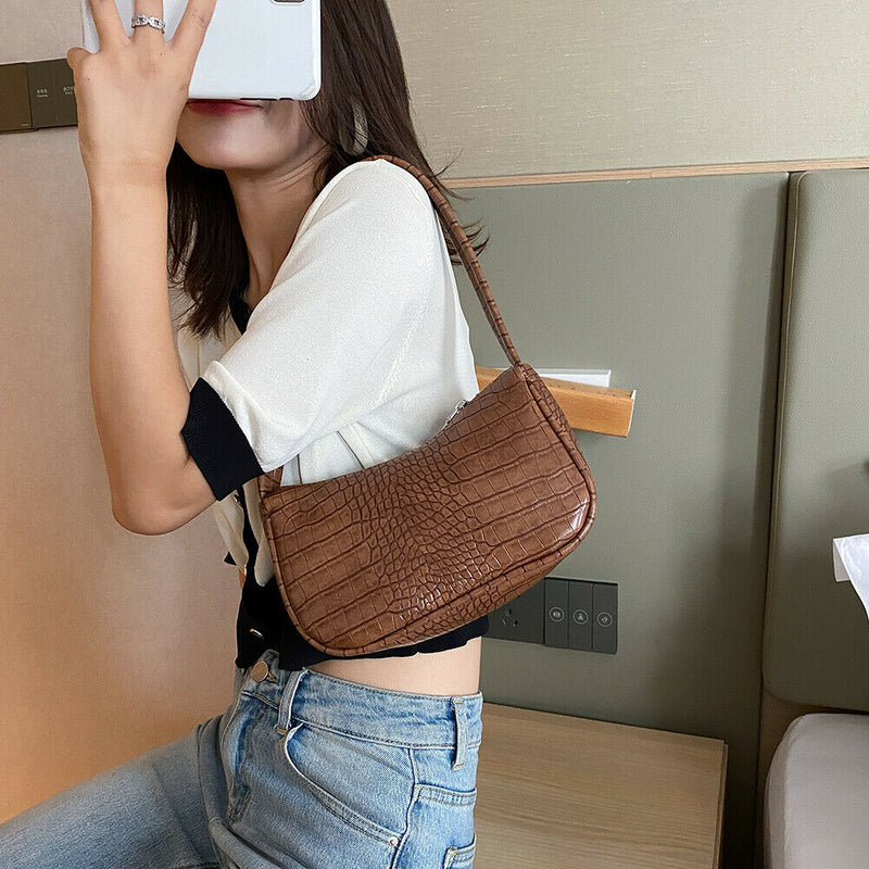 Retro Alligator Leather Handbag Women Casual Tote Shoulder Bag (Dark Brown)