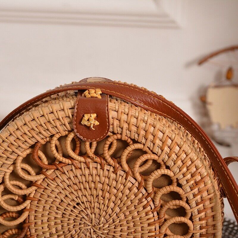 Handmade Woven Rattan Bag Women Straw Bag Bamboo Circular Beach Bags Summer B9J6