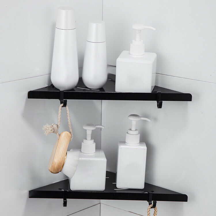 Wall Mounted Matt Black 2 Tier Shower Caddy Bathroom Corner Shelf Rack Show D6T8