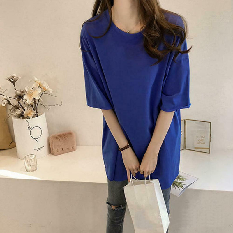 Summer Half Sleeve Long T-shirt Candy Color Loose Women Tops (Dark Blue XL)