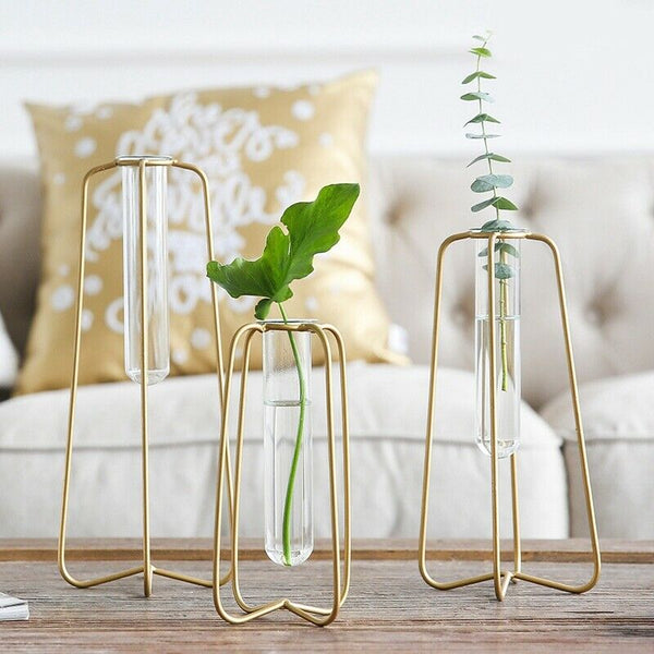 1 Piece Vase For Decoration Tube Vase Metal Stand Glass Tube Bottle For Pla V2B8