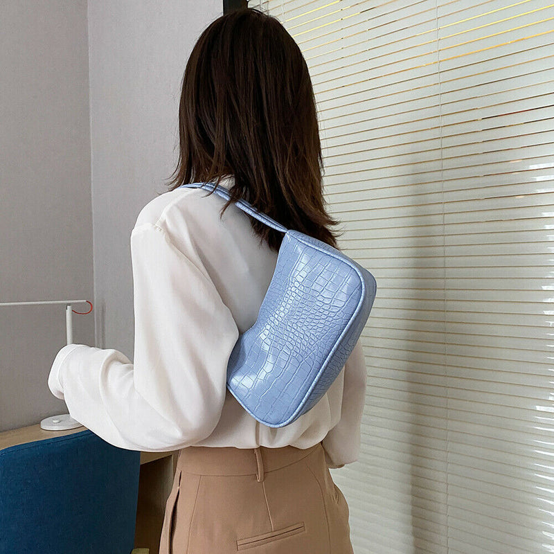 Retro Alligator PU Leather Handbag Women Casual Totes Shoulder Bag (Blue)