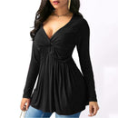 Women Spring Solid Color Shirts Casual V-neck Pleated Tops (Black)(XL)