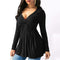 Women Spring Solid Color Shirts Casual V-neck Pleated Tops (Black)(XL)