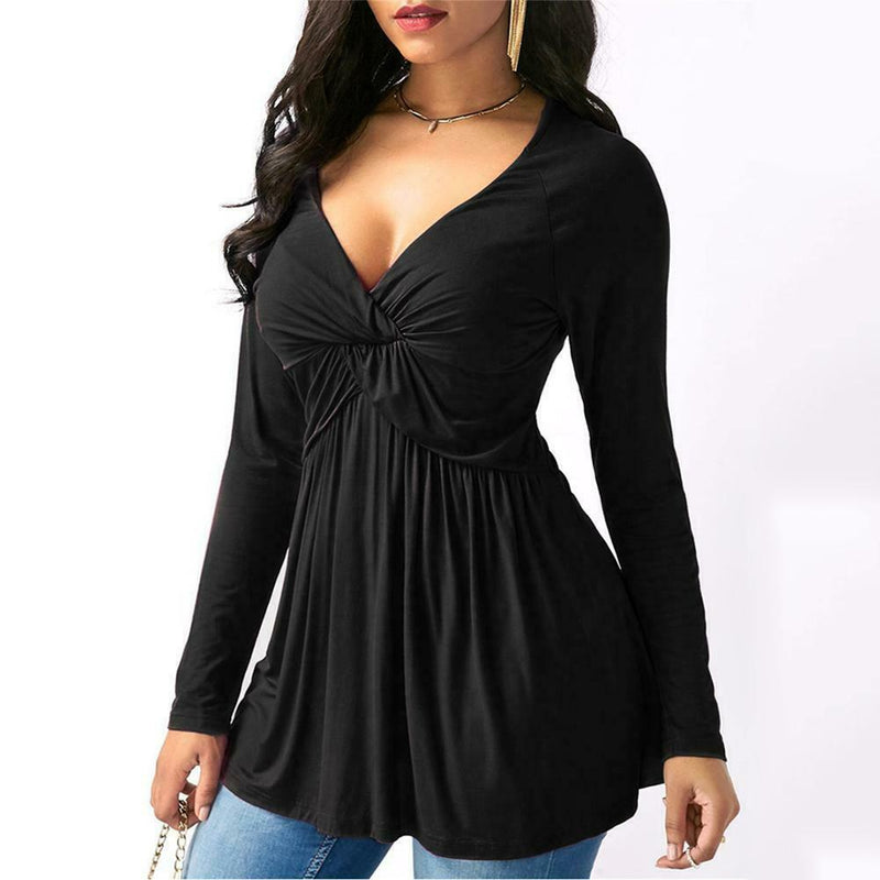 Women Spring Solid Color Shirts Casual V-neck Pleated Tops (Black)(XL)