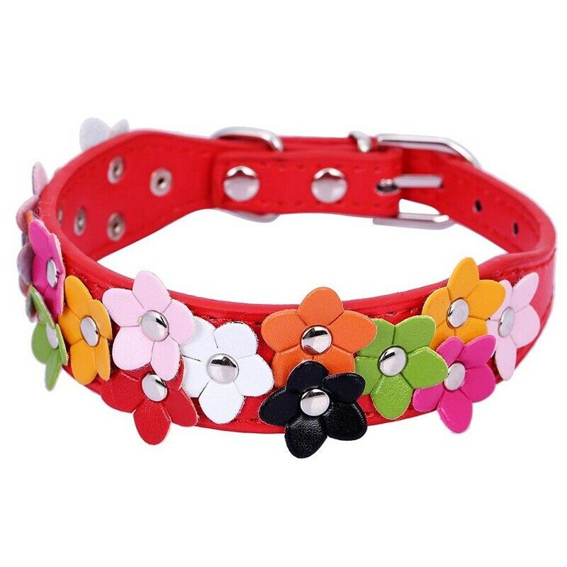 Soft Pu Leather Dog Collar Flower Padded(Red, S) I8I8