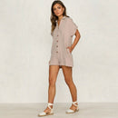 Summer Short Sleeve Jumpsuit Linen Button Playsuit Women Solid V-Neck Casua H3W5