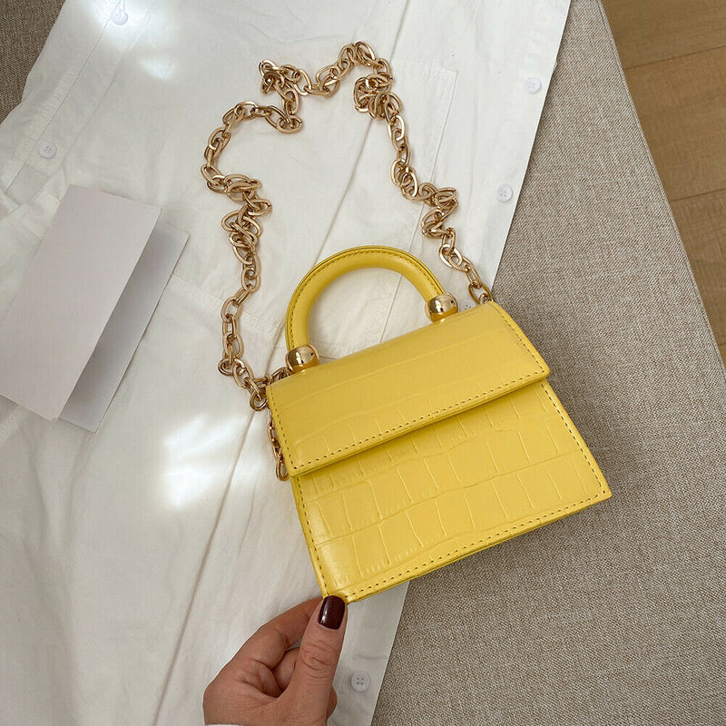 Women Mini Shoulder Bag Alligator PU Tote Chain Crossbody Pouch (Yellow)