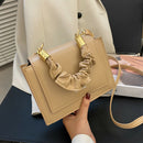 Handle Pleated Messenger Bag Women PU Solid Color Shoulder Handbags (Khaki)
