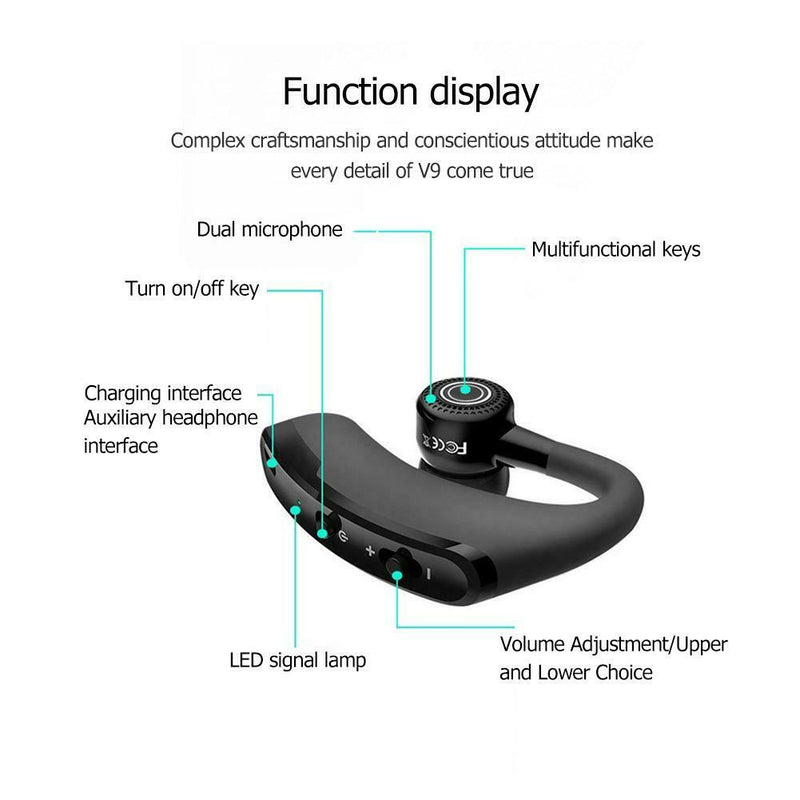 V9 Handsfree Wireless Business Bluetooth Headset with Mic for Driver Sports