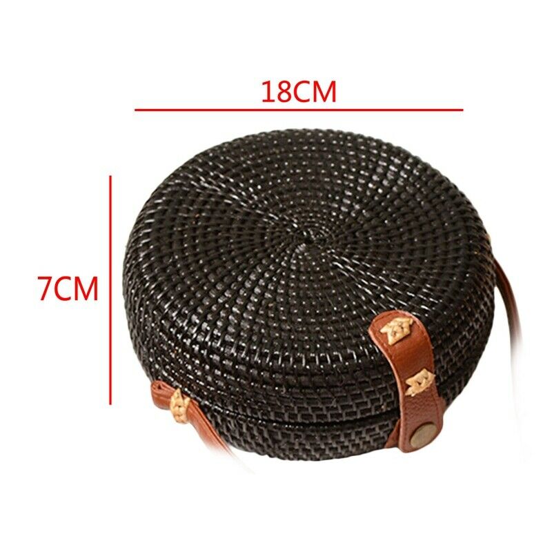 Black Beach Retro Rattan Bag Woven Handmade Ladies Round Sling Straw Bag (CiC1B9
