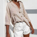 Long Sleeve Blouse Women Turn Down Collar Plain Cardigan Tops (Khaki XL) A