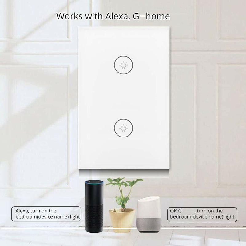 2 Gang WiFi Smart Light Wall Switch Touch Panel Voice Control US Standard A