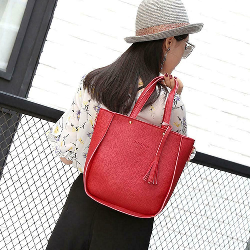 4pcs/set Litchi Leather Tassel Women Tote Shoulder Handbags Card Bags (Red)
