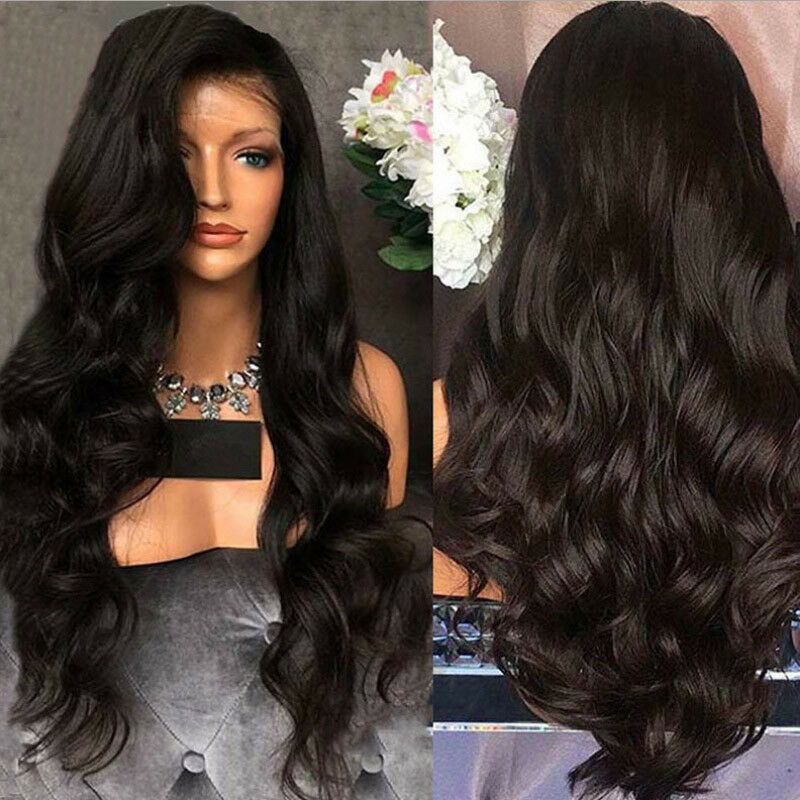 Black Long Curly Wavy Wig Brazilian Remy Human Hair Body Wave No Lace Front Wigs