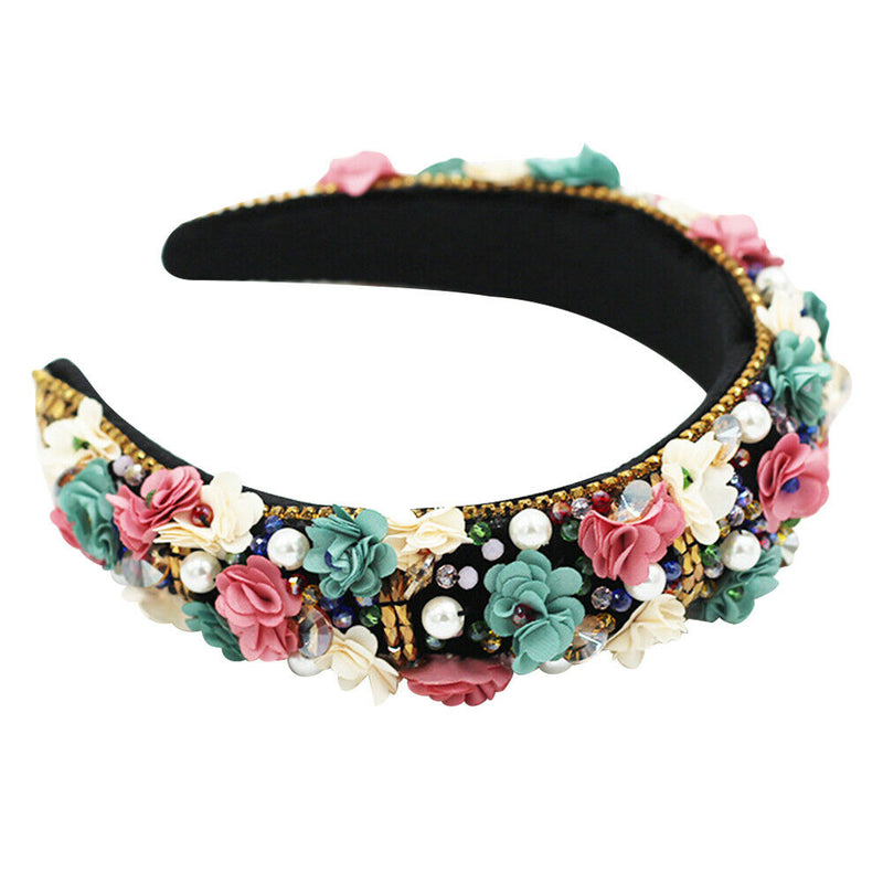 Women Retro Floral Baroque Hair Accessories Cloth Rhinestone Headband Portable