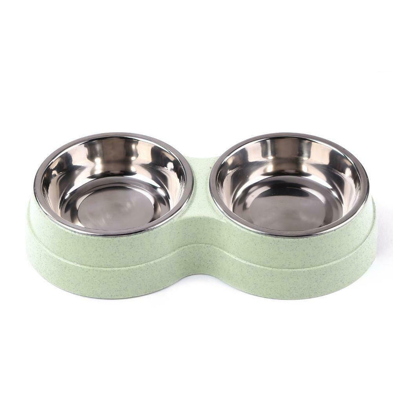 Dog Double Bowl Puppy Food Feeder Stainless Steel Pet Drinking Dish (Green) A