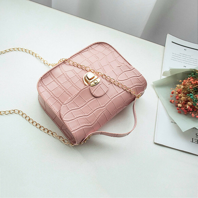Retro Women Crossbody Handbag Stone Pattern PU Chain Shoulder Bags (Pink)