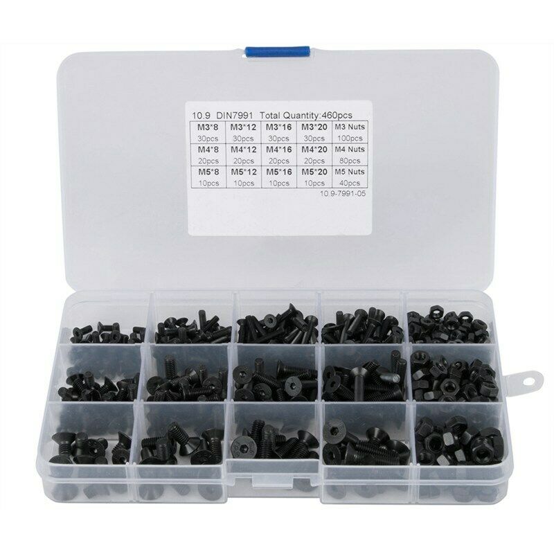 460Pcs M3 M4 M5 Alloy Steel Countersunk Flat Head Hex Socket Cap Screws Nut X1O8
