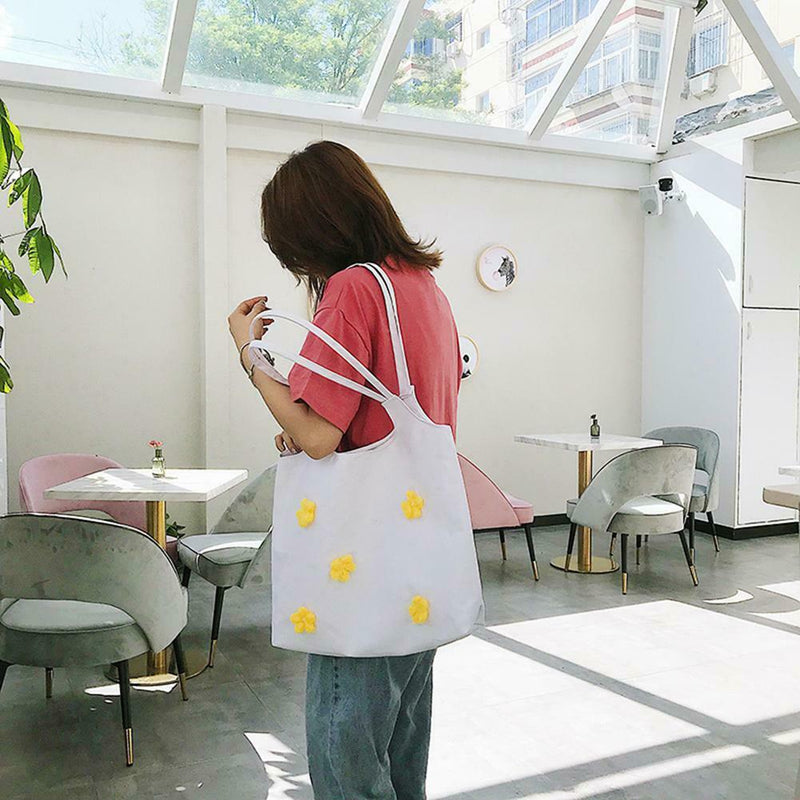 Flower Summer Women Canvas Handbags Casual Shoulder Bag Large Tote (White) A