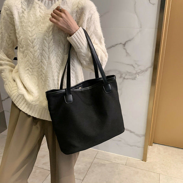 Fashion Large Capacity Handbag Canvas Shoulder Shopping Totes Bags (Black)