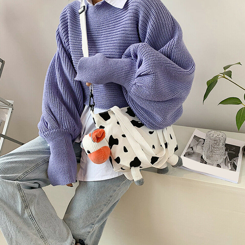 Fashion Women Cow Print Shoulder Bags Canvas Pendant Handbags Casual Totes
