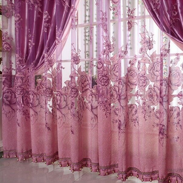 250*100cm Peony Voile Beads Living Room Window Tulle Sheer Curtain Purple